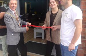 Town Mayor Cllr Paul Holbreook at the official opening of Hailsham Barbers 2 in Market Square (6th October 2023)