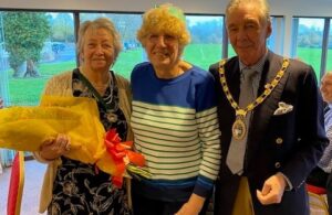 Photo of Mayor's Consirt Cllr Barbara Holbrook, Lion Gerry Constable and Mayor Cllr Paul Holbrook at the Hailsham Lions' Charter Luncheon held on Sunday 19th November 2023