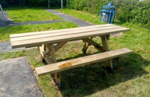 Photo of newly installed inclusive picnic bench at the Battle Road play area
