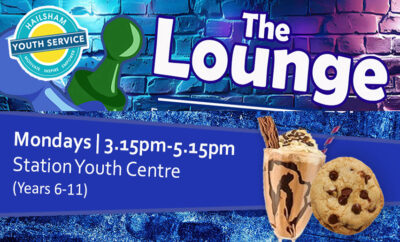 Image artwork for Hailsham Youth Service saying "The Lounge. Mondays 3.15pm to 5.15pm, the Station Youth Centre, Years 6-11