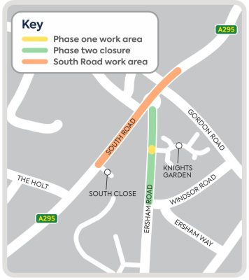 Map of the Ersham Road and South Road areas, showing latest SGN roadwork information